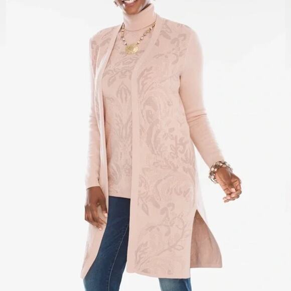 Chico's Petal/Blush Pink Long Open Cardigan, Duster Floral Jacquard Tapestry L - Picture 2 of 15